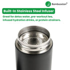 Black water bottle with stainless steel infuser chamber on a white background, featuring Bamboostan branding.