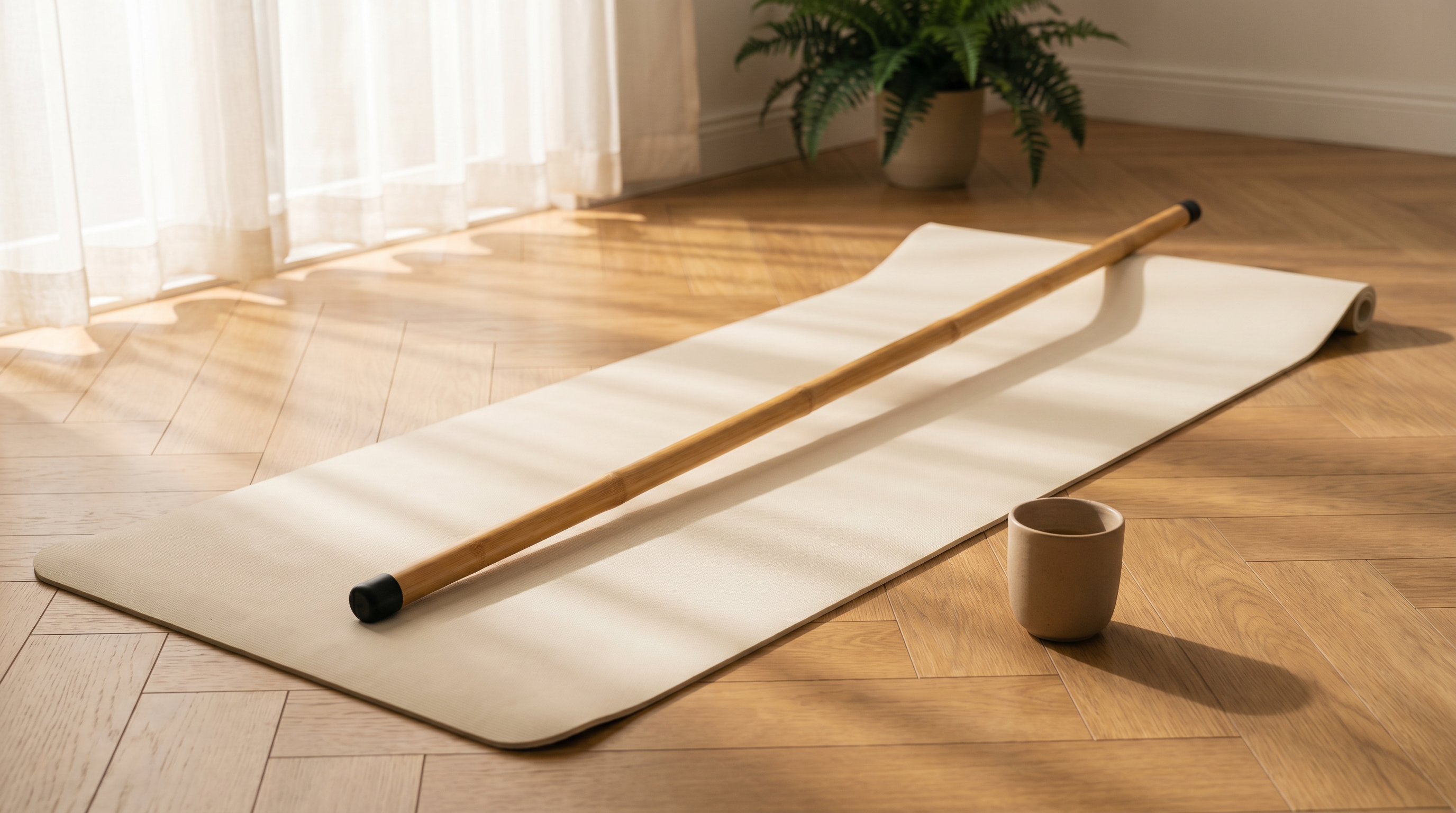 Cream-coloured yoga mat unrolled on a wooden floor with a bamboo Posture Stick laid diagonally across it, single ceramic chai cup nearby. Morning light from a window left of frame.