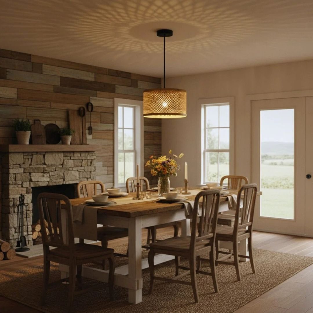 Bamboo Home Products dining room featuring a wooden table, rustic chairs, and stylish lighting in a cozy setting.