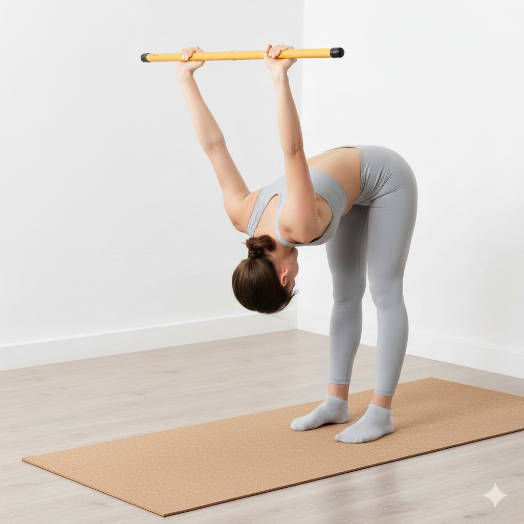 Woman using a fitness bar on a yoga mat in a bent-over position, promoting Eco Friendly Fitness Accessories.