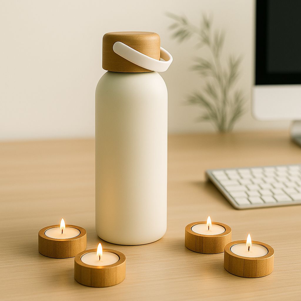 Eco Friendly Gifts: Stylish water bottle with bamboo lid surrounded by lit candles on a wooden table.