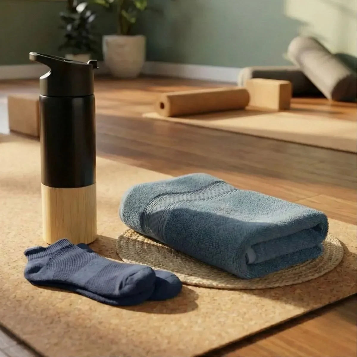 Eco Friendly Lifestyle Products displayed with a water bottle, blue towel, and socks on a cork mat.