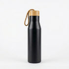 Bamboo Steel Travel Bottle in matte black with bamboo lid and rope handle, 500 ml