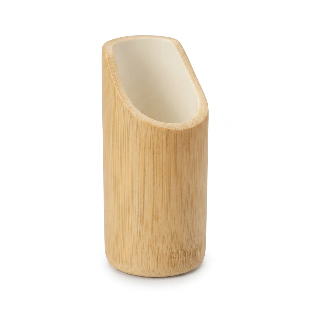 Bamboo Pen Stand PS-3 — natural bamboo multi-purpose holder with gentle diagonal cut, on white background