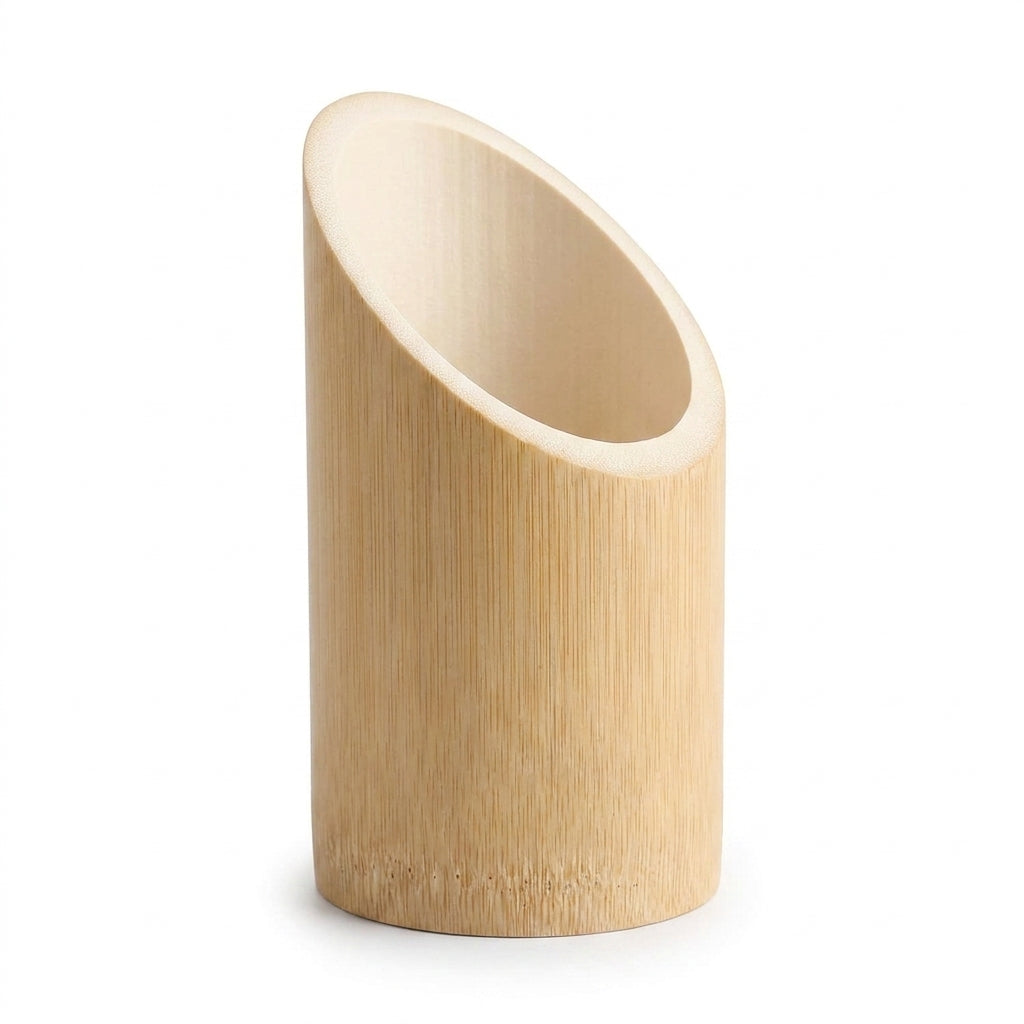 Bamboo Pen Stand PS-1 — natural bamboo cylinder with slanted diagonal cut, on white background