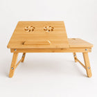 Bamboo Laptop Bed Table Cooling Vent Edition on white background — tilting panel with floral cooling vents, cup holder, and folding legs.