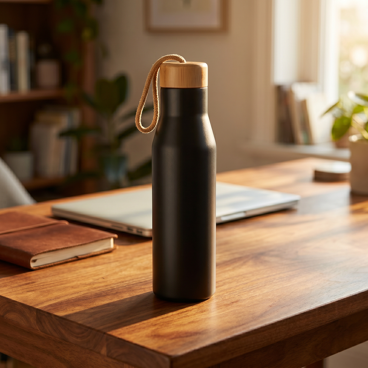Bamboo Steel Travel Bottle resting on a warm wooden desk beside a laptop and notebook — work-from-home moment