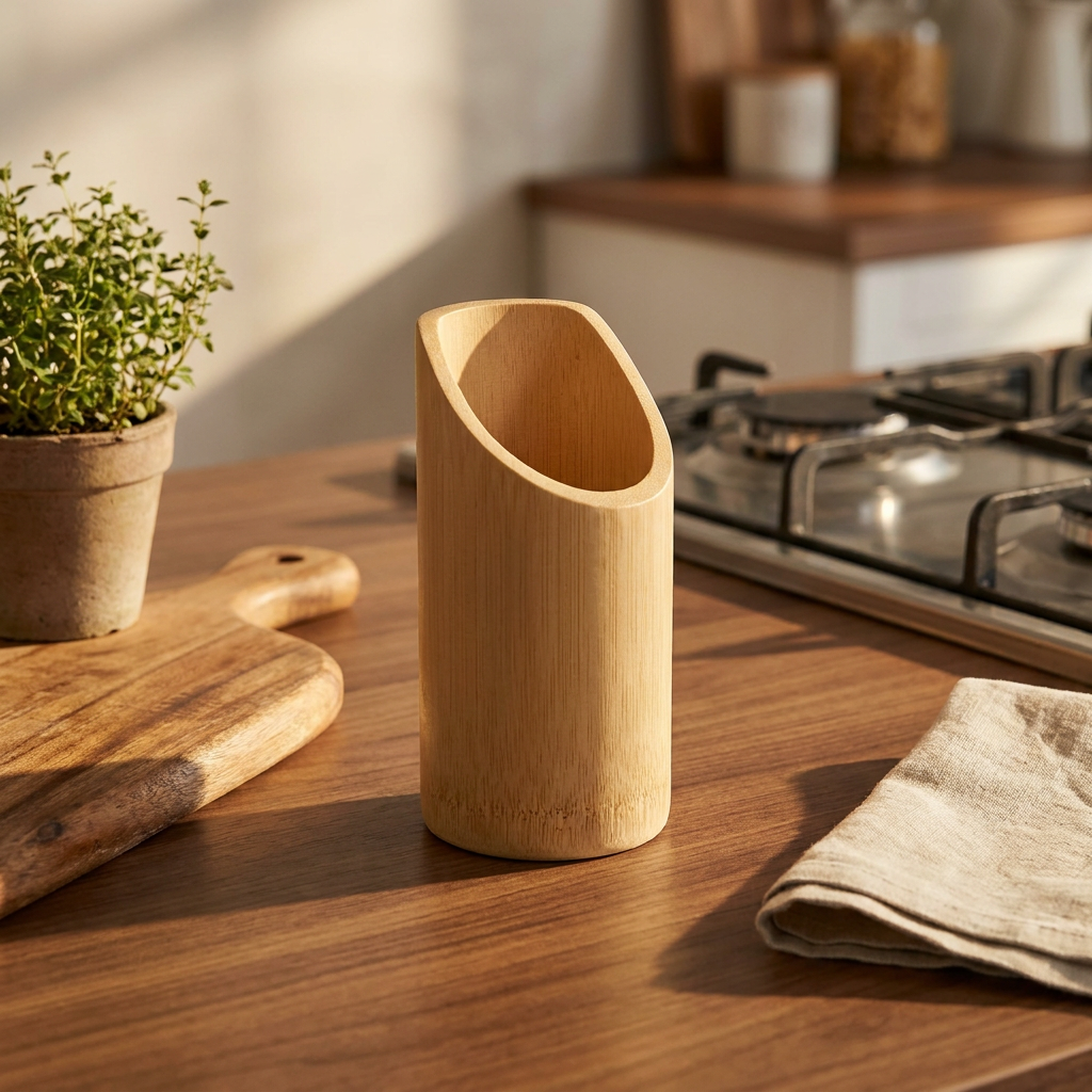 Bamboo Pen Stand PS-3 on a kitchen counter near a stovetop, with cutting board and plant