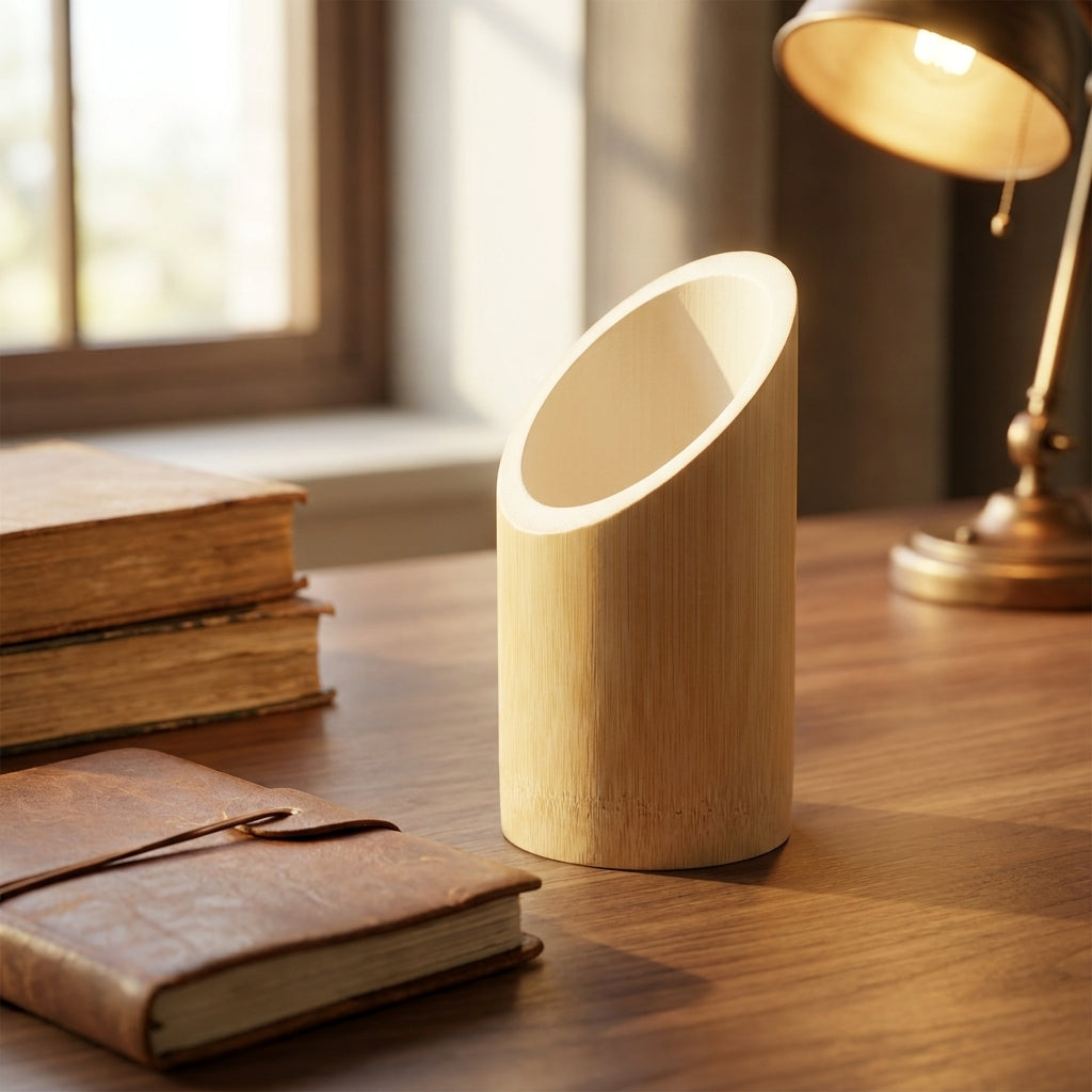 Bamboo Pen Stand PS-1 on a warm walnut desk with leather journal, books, and brass lamp