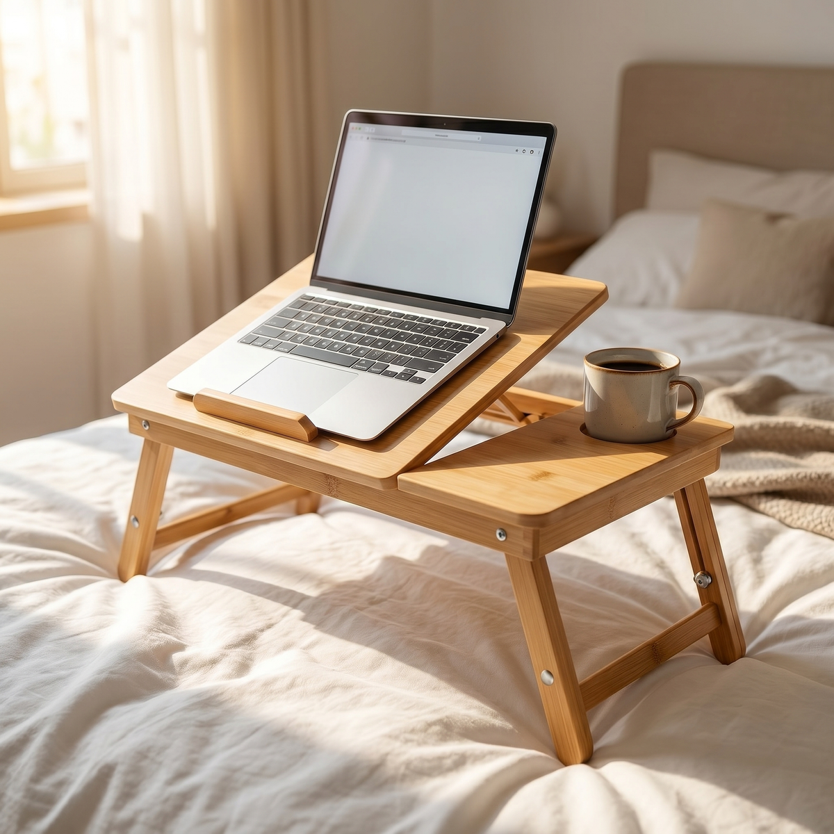 Bamboo laptop bed table set up on a bed with an open laptop on the tilted panel and a coffee mug in the cup holder.