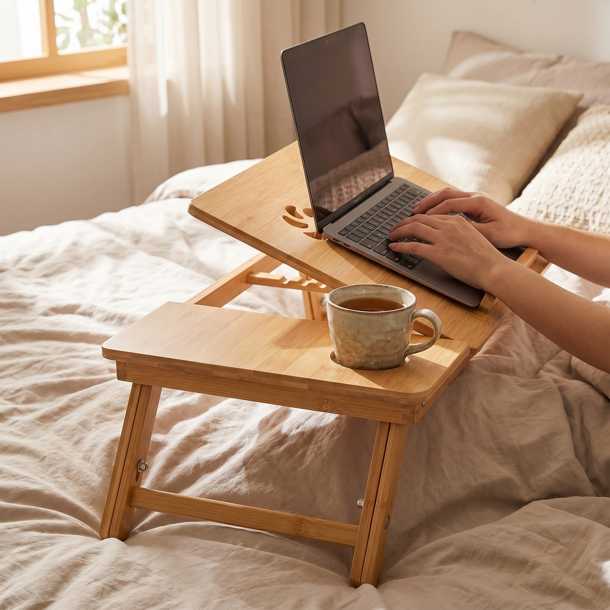 Person typing on a laptop on the tilted bamboo table in bed, tea mug in the cup holder, showing the cooling vents and tilt angle.