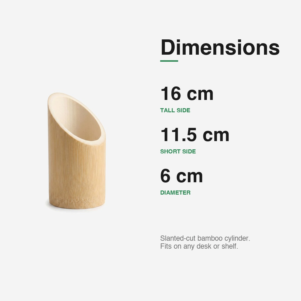 Bamboo Pen Stand PS-1 dimensions — 16 cm tall side, 11.5 cm short side, 6 cm diameter