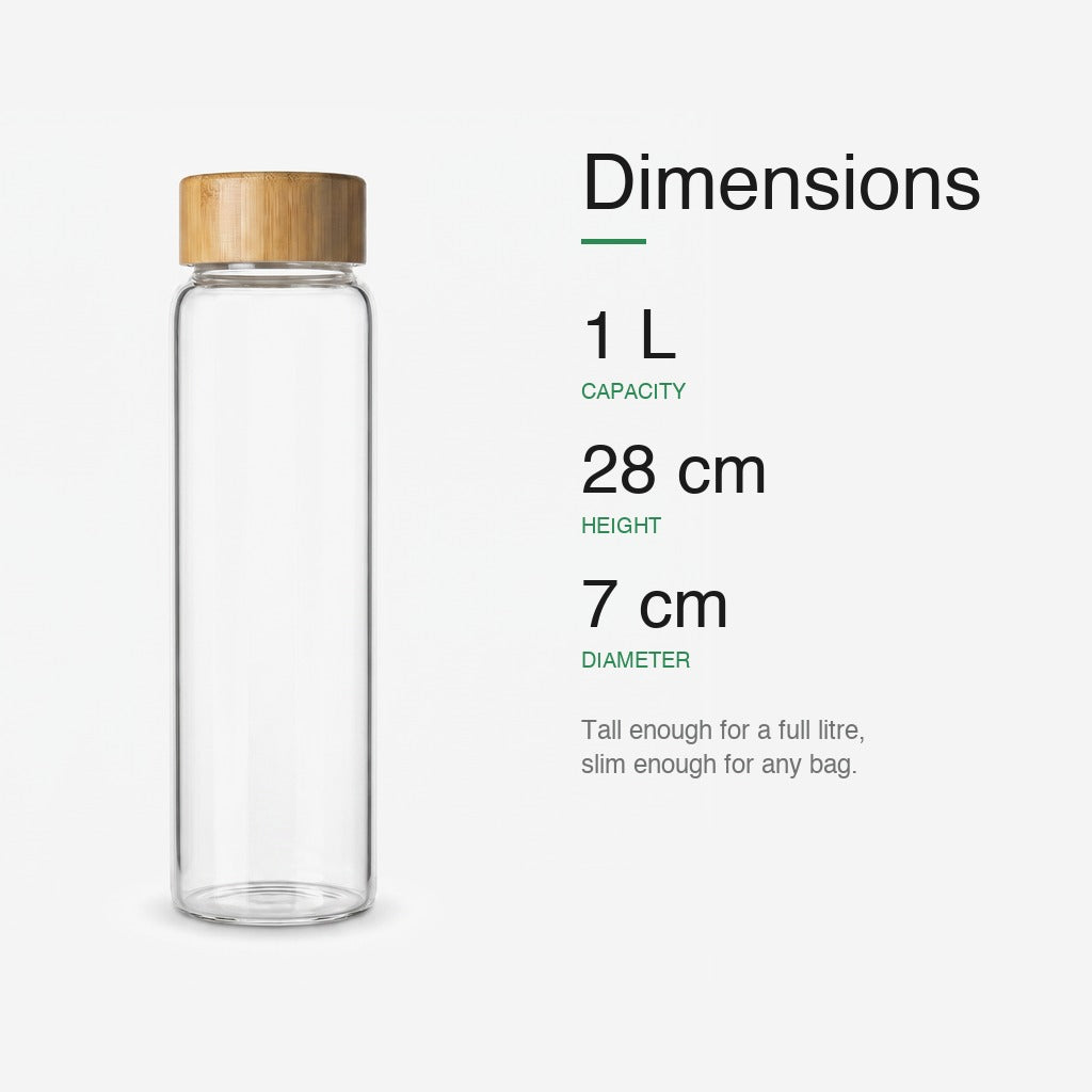 Bamboo Glass Bottle dimensions — 1L capacity, 28cm height, 7cm diameter