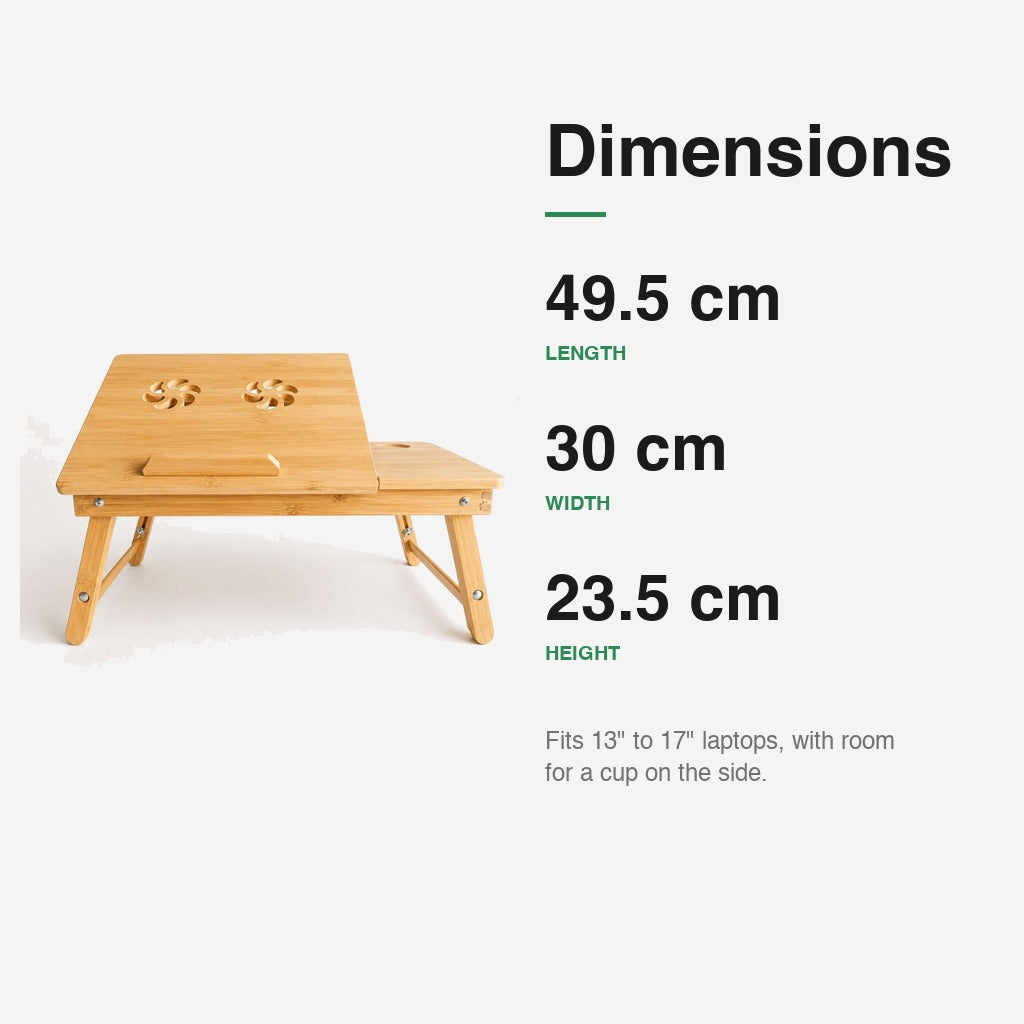Bamboo laptop bed table dimensions — 49.5 cm length, 30 cm width, 23.5 cm height; fits 13 to 17 inch laptops.
