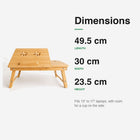 Bamboo laptop bed table dimensions — 49.5 cm length, 30 cm width, 23.5 cm height; fits 13 to 17 inch laptops.