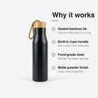 Why it works: sealed bamboo lid, built-in rope handle, food-grade steel, matte powder finish