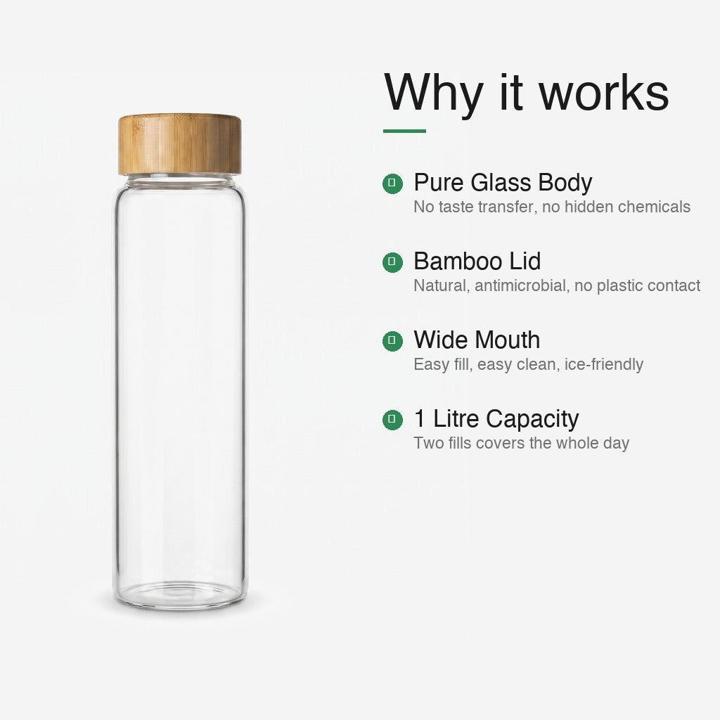 Bamboo Glass Bottle features — Pure Glass Body, Bamboo Lid, Wide Mouth, 1 Litre Capacity