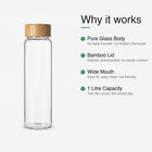 Bamboo Glass Bottle features — Pure Glass Body, Bamboo Lid, Wide Mouth, 1 Litre Capacity