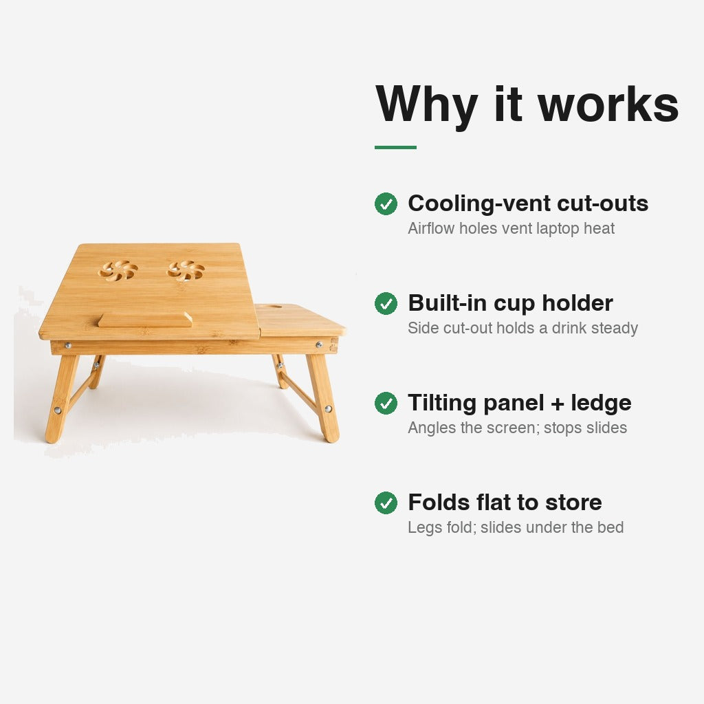 Bamboo laptop bed table features — cooling-vent cut-outs, built-in cup holder, tilting panel with ledge, folds flat.