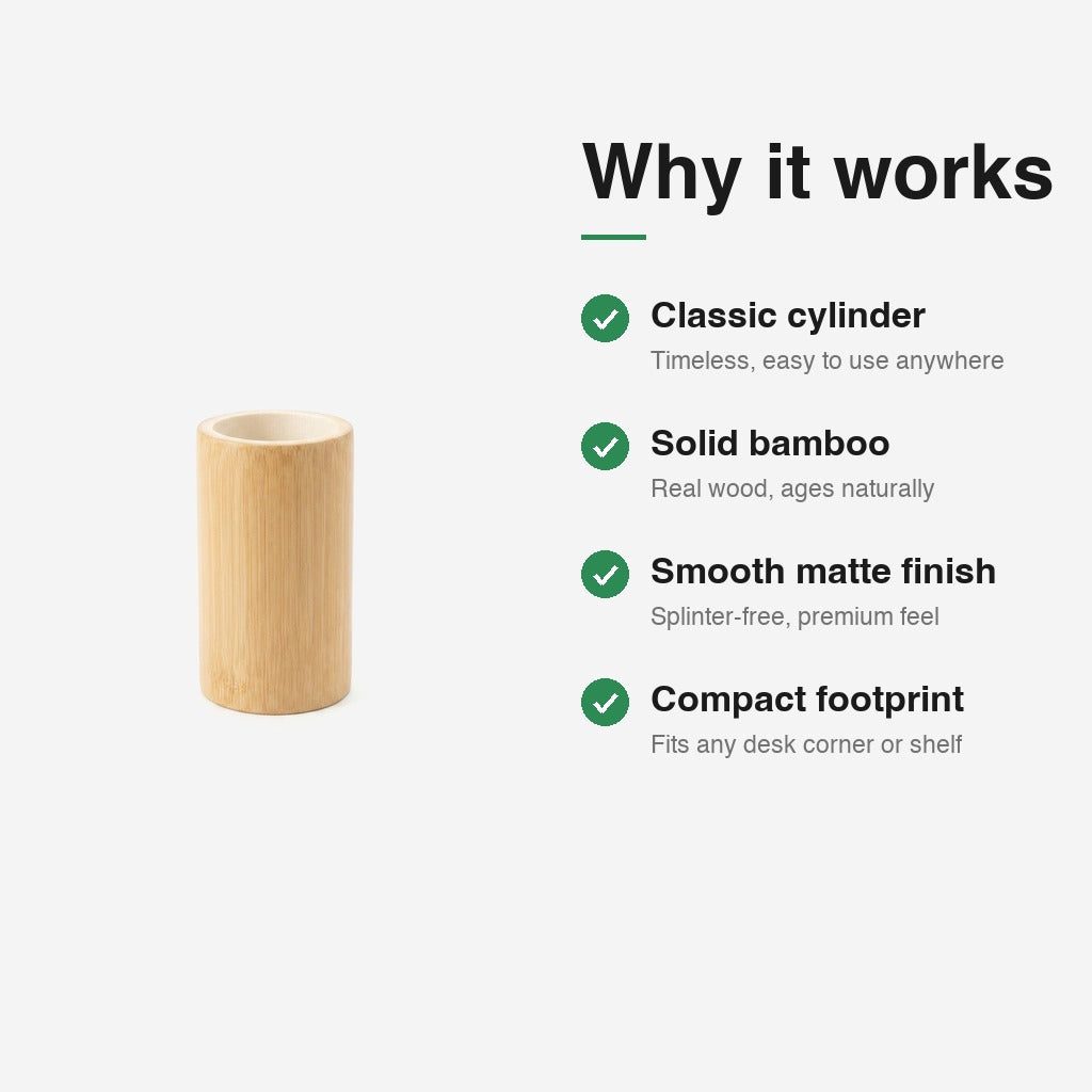 Bamboo Pen Stand PS-2 features — classic cylinder, solid bamboo, smooth finish, compact footprint