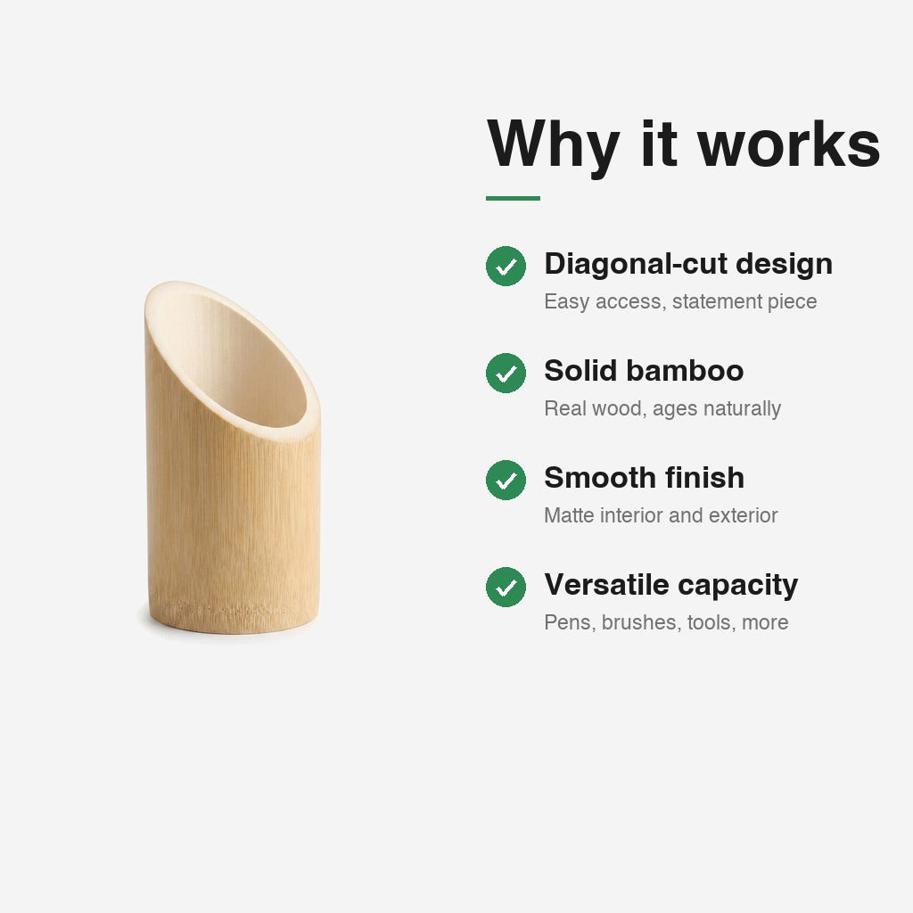 Bamboo Pen Stand PS-1 features — diagonal-cut design, solid bamboo, smooth finish, versatile capacity