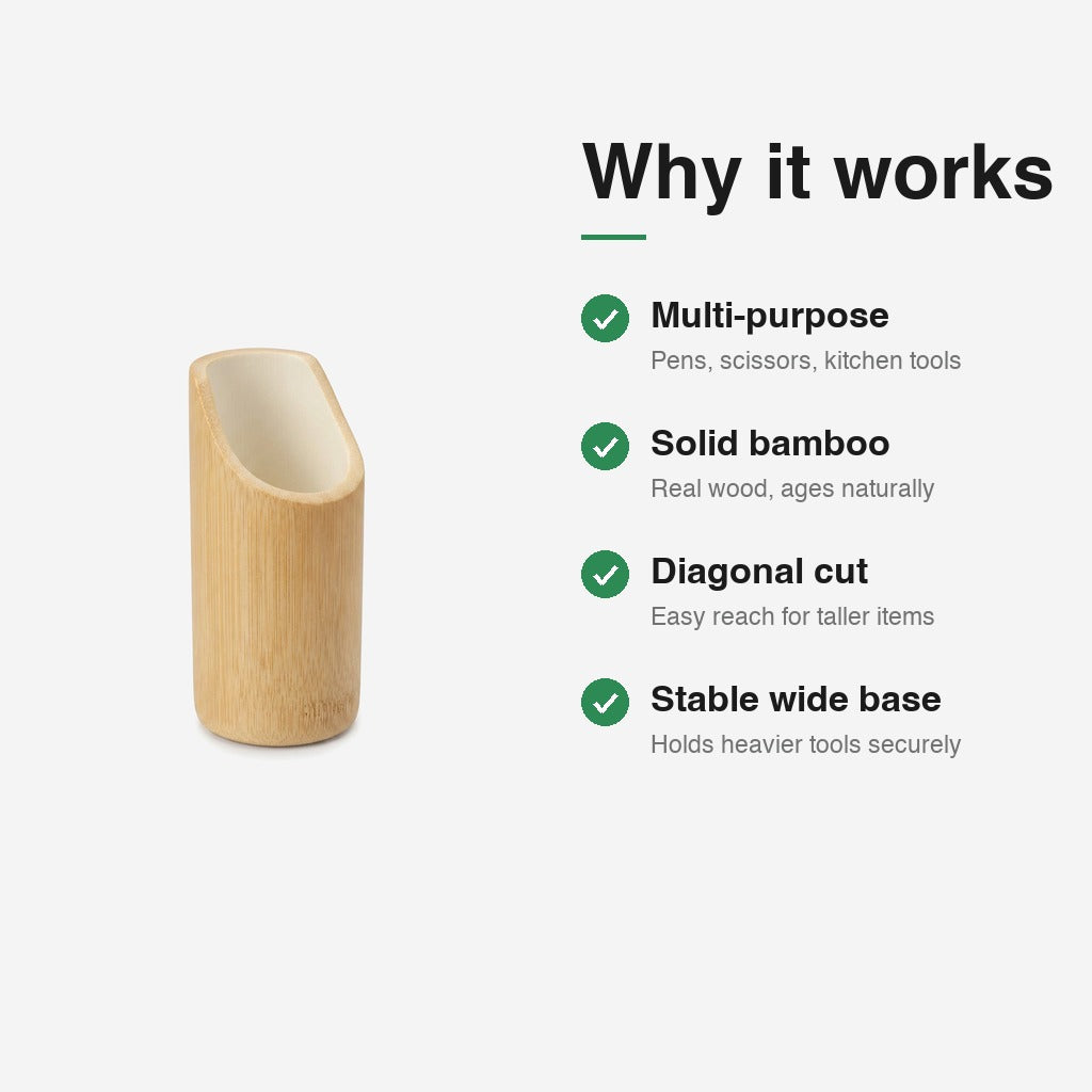 Bamboo Pen Stand PS-3 features — multi-purpose design, solid bamboo, diagonal cut, stable wide base