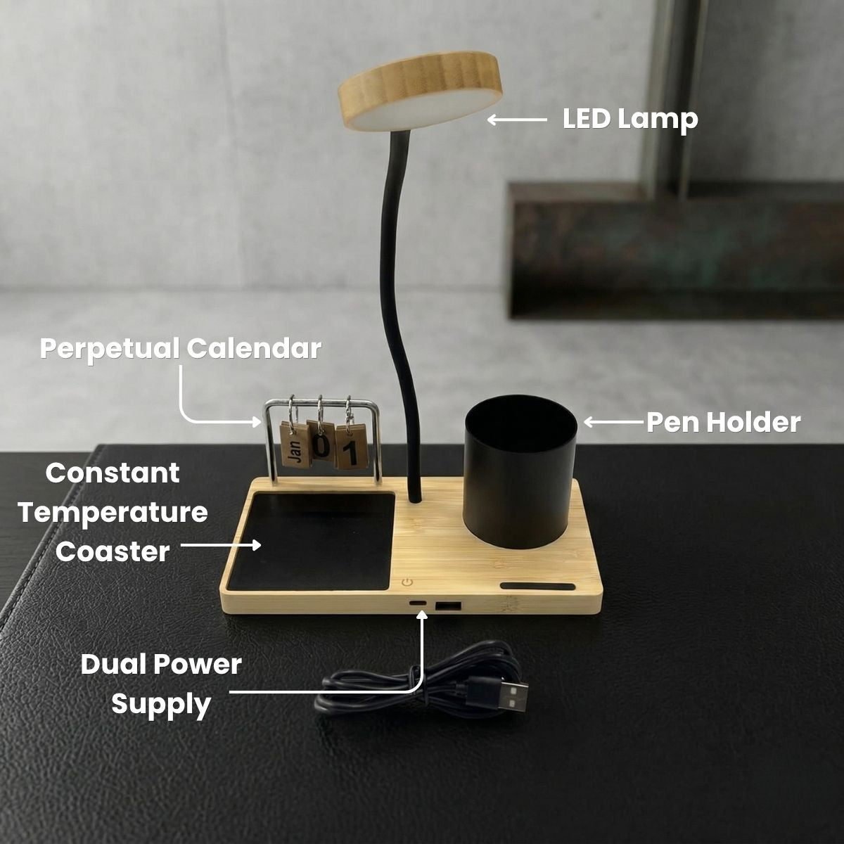 5 in 1 Bamboo Desk Organiser with LED Lamp — view 3