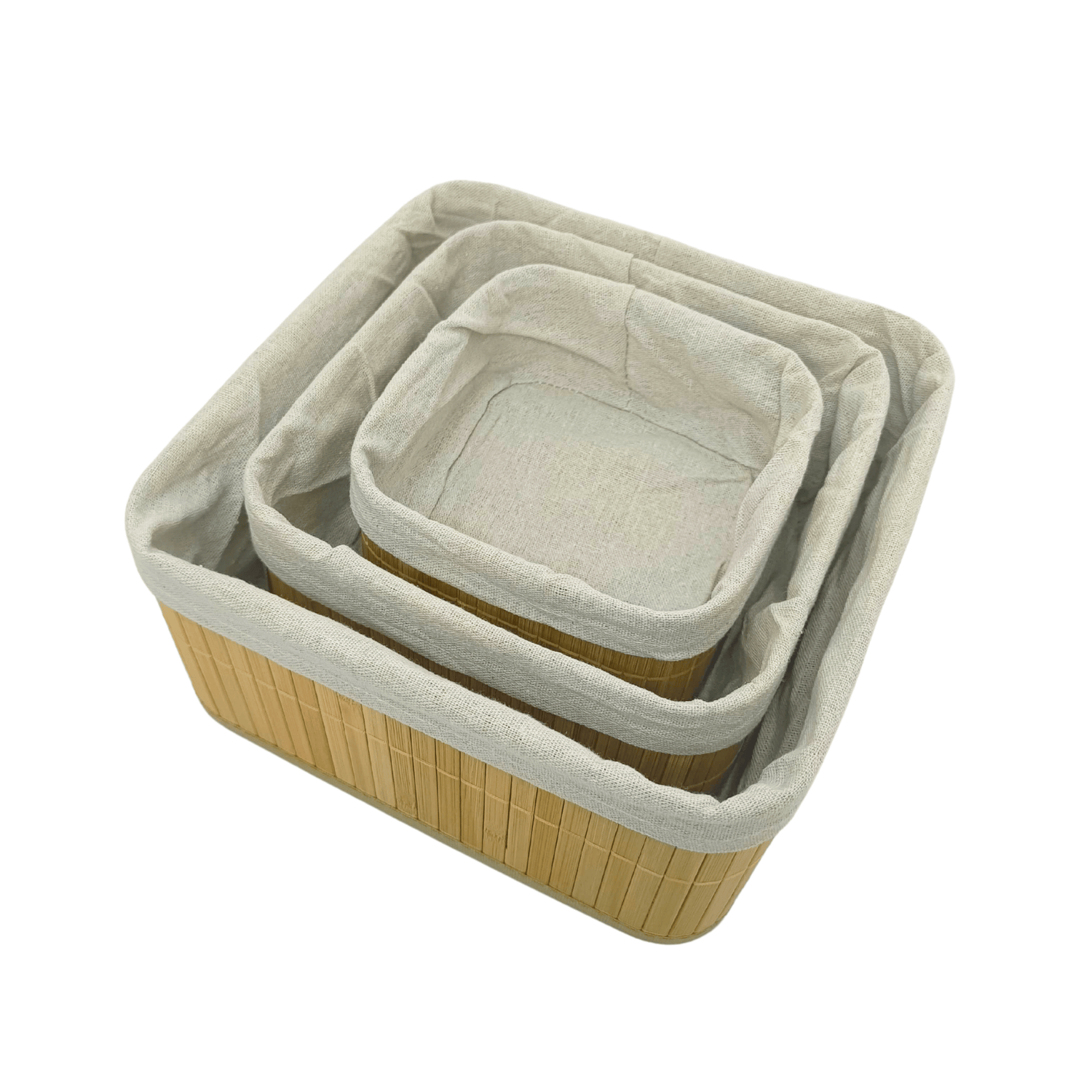 3-Piece Multi Size Bamboo Storage Basket Set (Square) – Natural Organizer with Washable Cloth Lining (Stackable & Nestable)