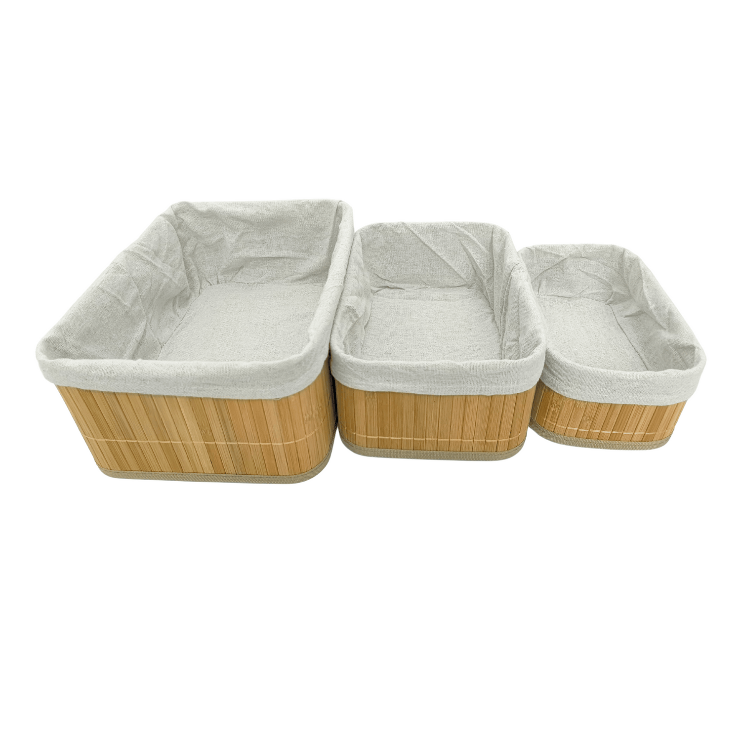 3-Piece Multi Size Bamboo Storage Basket Set (Rectangle)– Eco-Friendly, Lined, Multipurpose Organizers