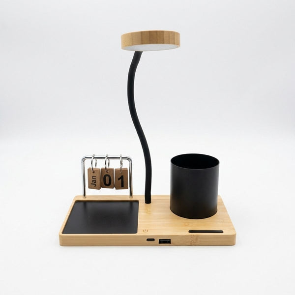 5 in 1 Bamboo Desk Organiser with LED Lamp