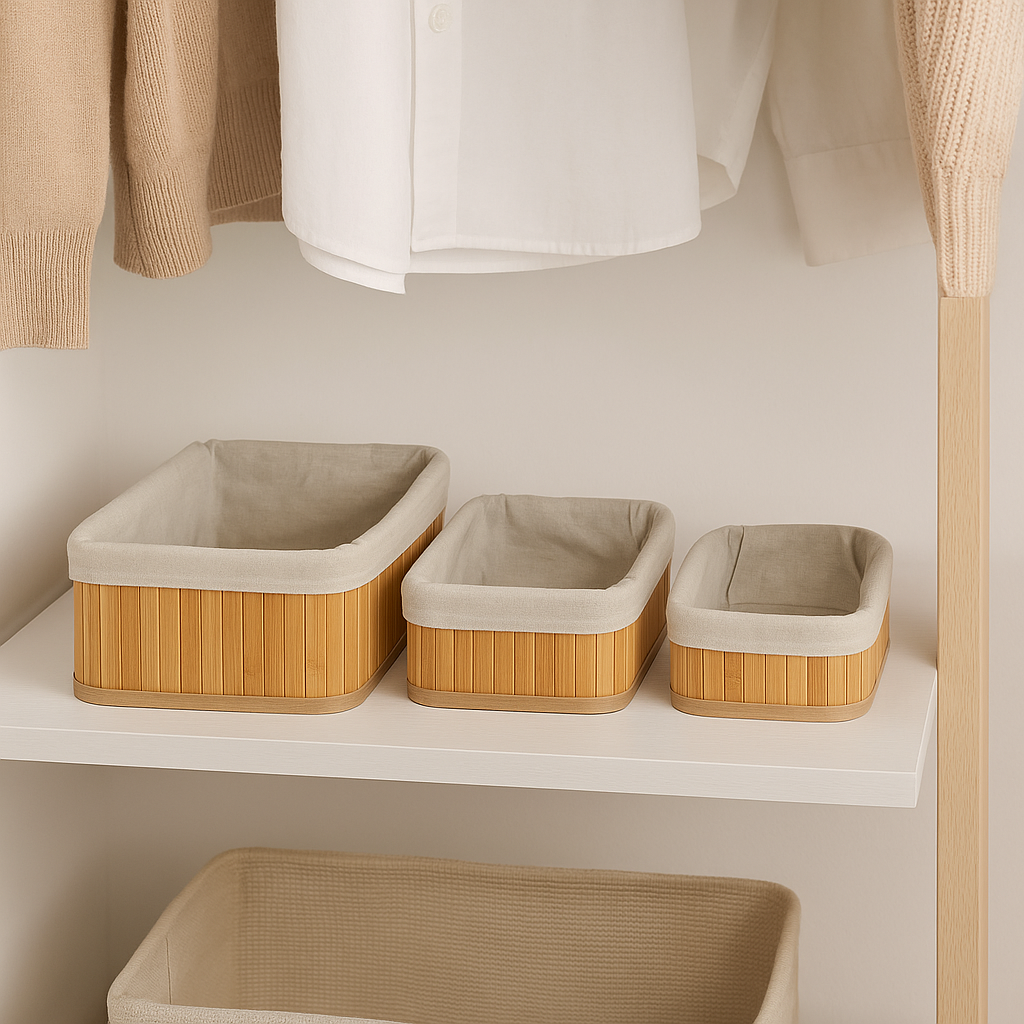 3-Piece Multi Size Bamboo Storage Basket Set (Rectangle)– Eco-Friendly, Lined, Multipurpose Organizers