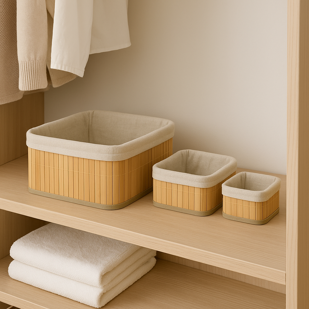3-Piece Multi Size Bamboo Storage Basket Set (Square) – Natural Organizer with Washable Cloth Lining (Stackable & Nestable)