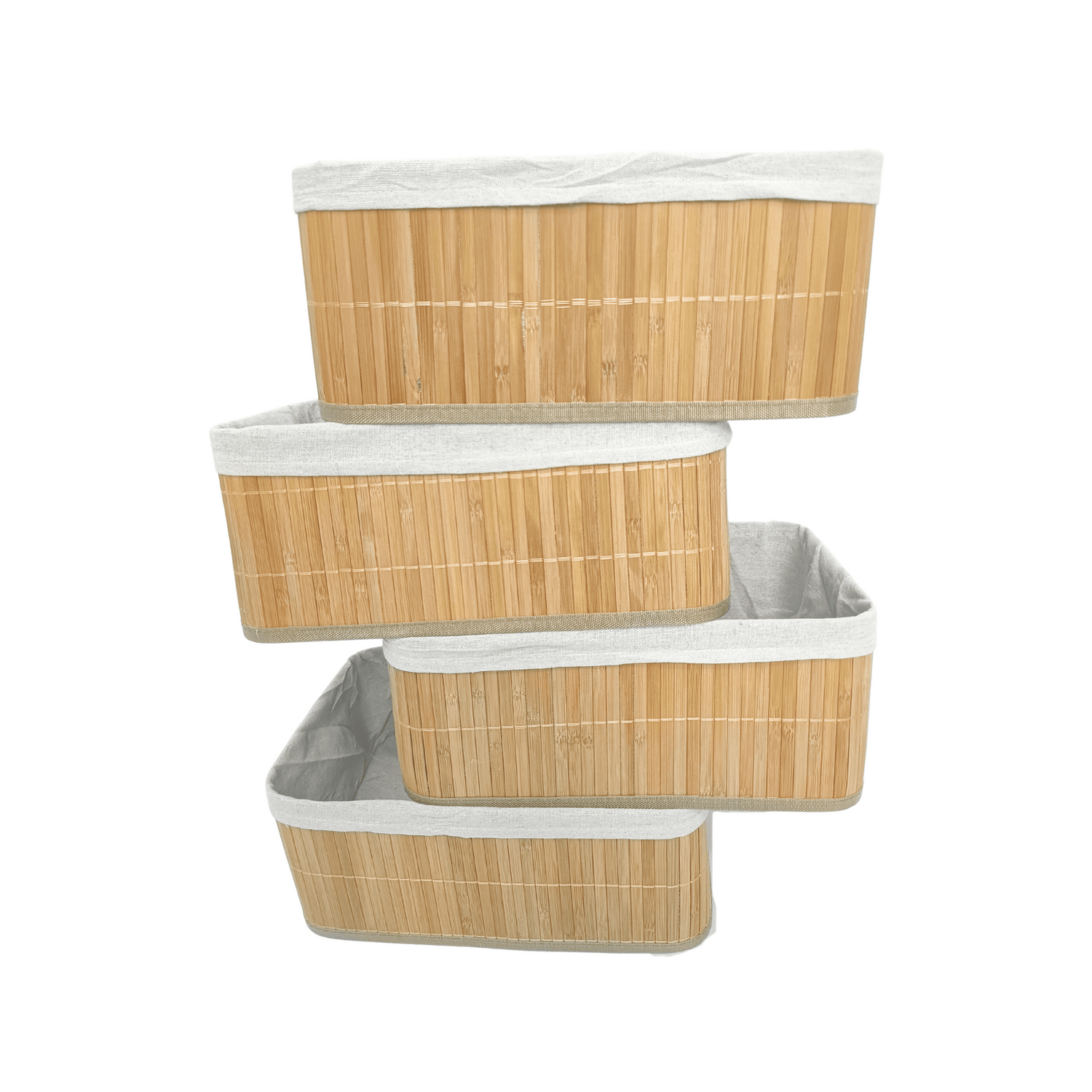 4-Piece Bamboo Storage Basket Set – Stackable Natural Organizer with Washable Lining