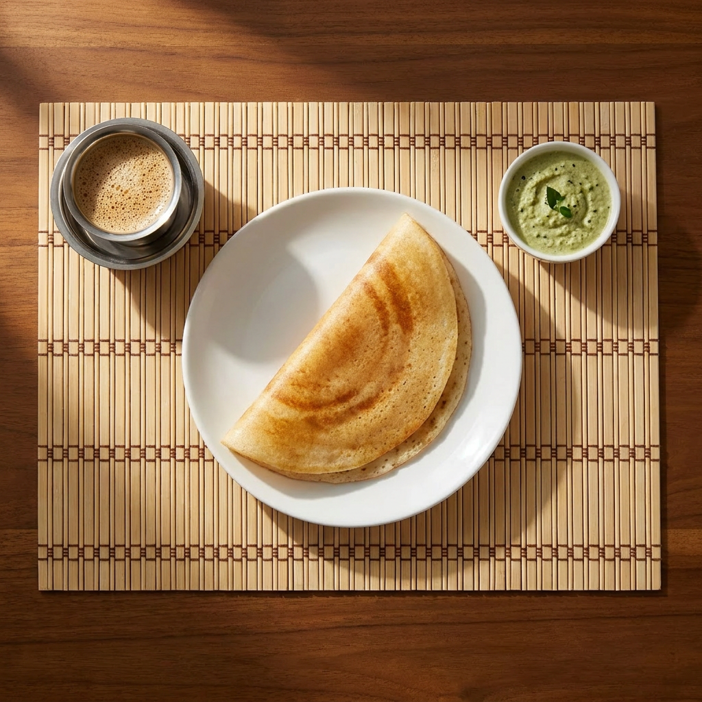 Bamboo placemat overhead lifestyle with dosa and filter coffee
