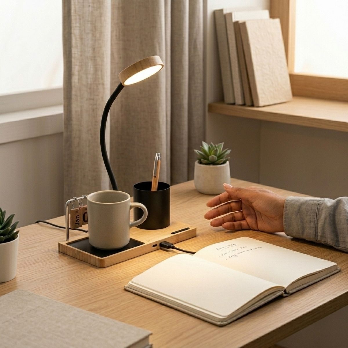 5 in 1 Bamboo Desk Organiser with LED Lamp — view 4