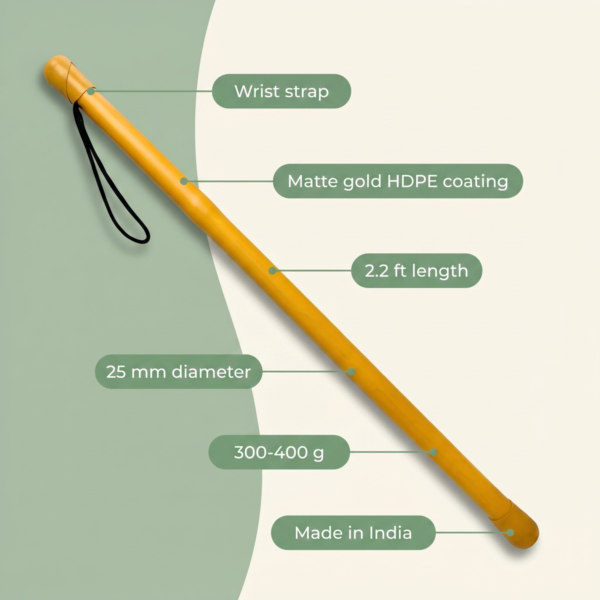 Bamboo Safety Stick specs: 2.2 ft, 25 mm, 300-400 g, wrist strap, matte gold HDPE, Made in India