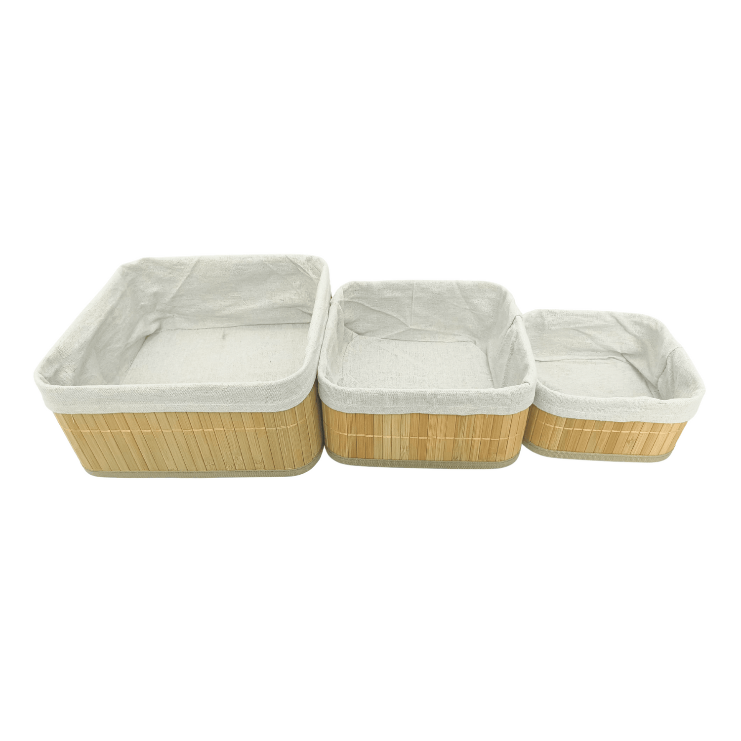3-Piece Multi Size Bamboo Storage Basket Set (Square) – Natural Organizer with Washable Cloth Lining (Stackable & Nestable)