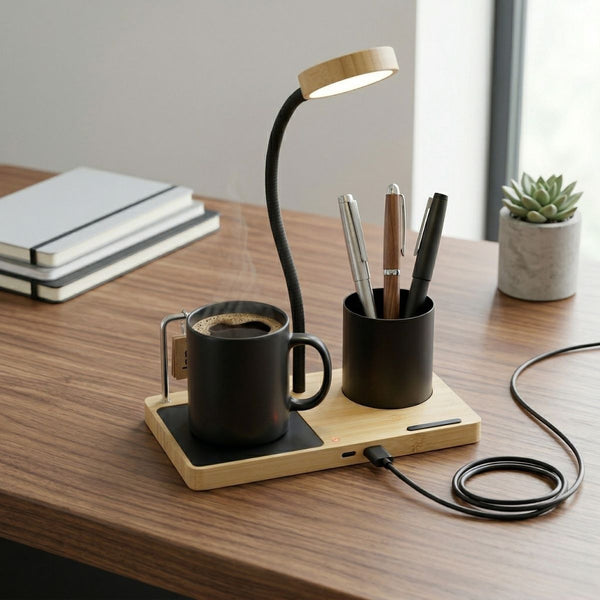 5 in 1 Bamboo Desk Organiser with LED Lamp