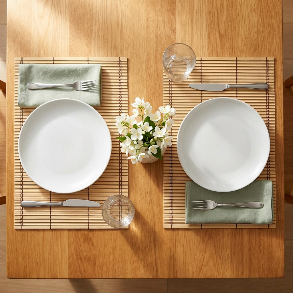Two bamboo placemats laid as a table setting for two