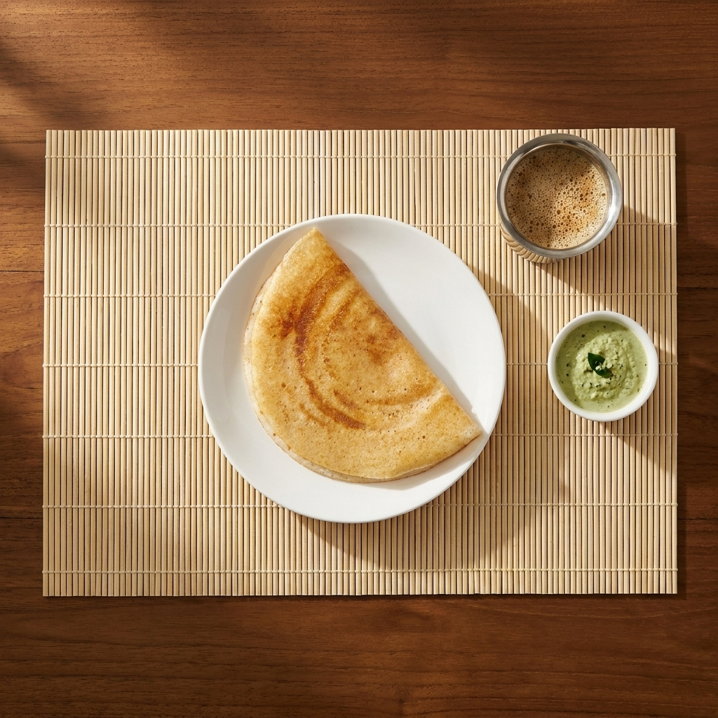 Classic bamboo placemat overhead with dosa and filter coffee