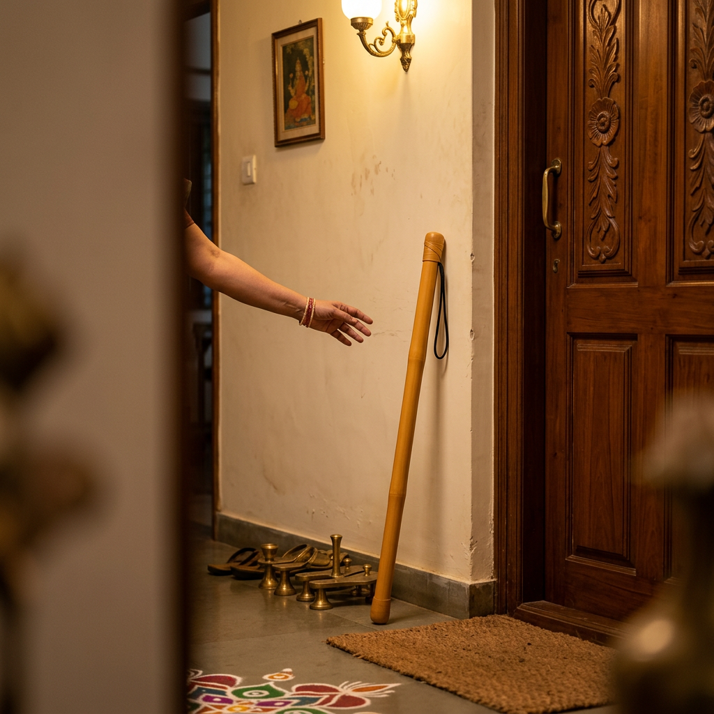Bamboo Safety Stick leaning by the front door, within reach