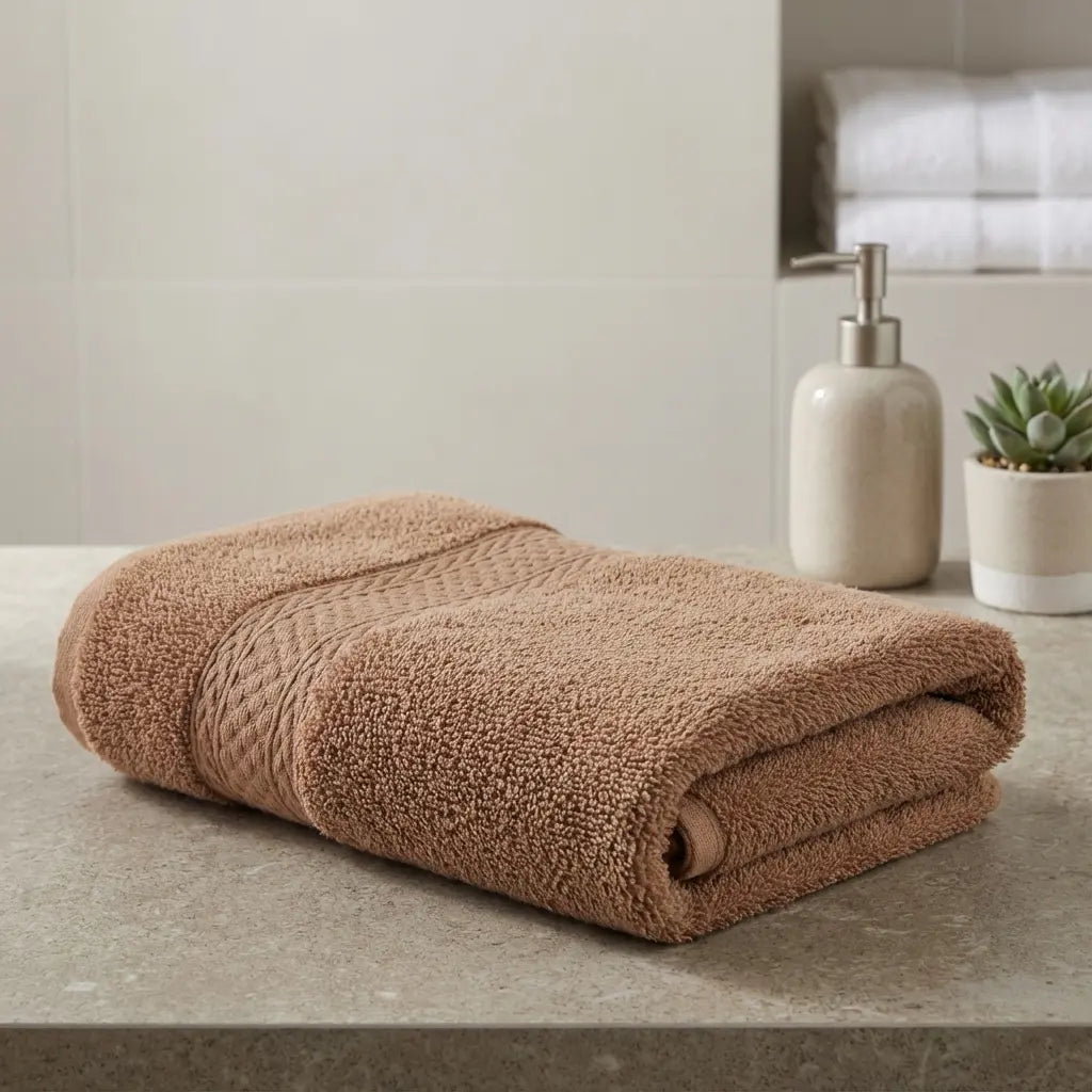 Folded brown color bamboo bath towel on a bathroom counter with a neutral background