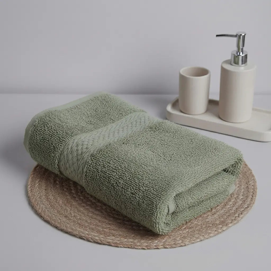 Folded green color bamboo bath towel on a woven mat with bathroom accessories in the background