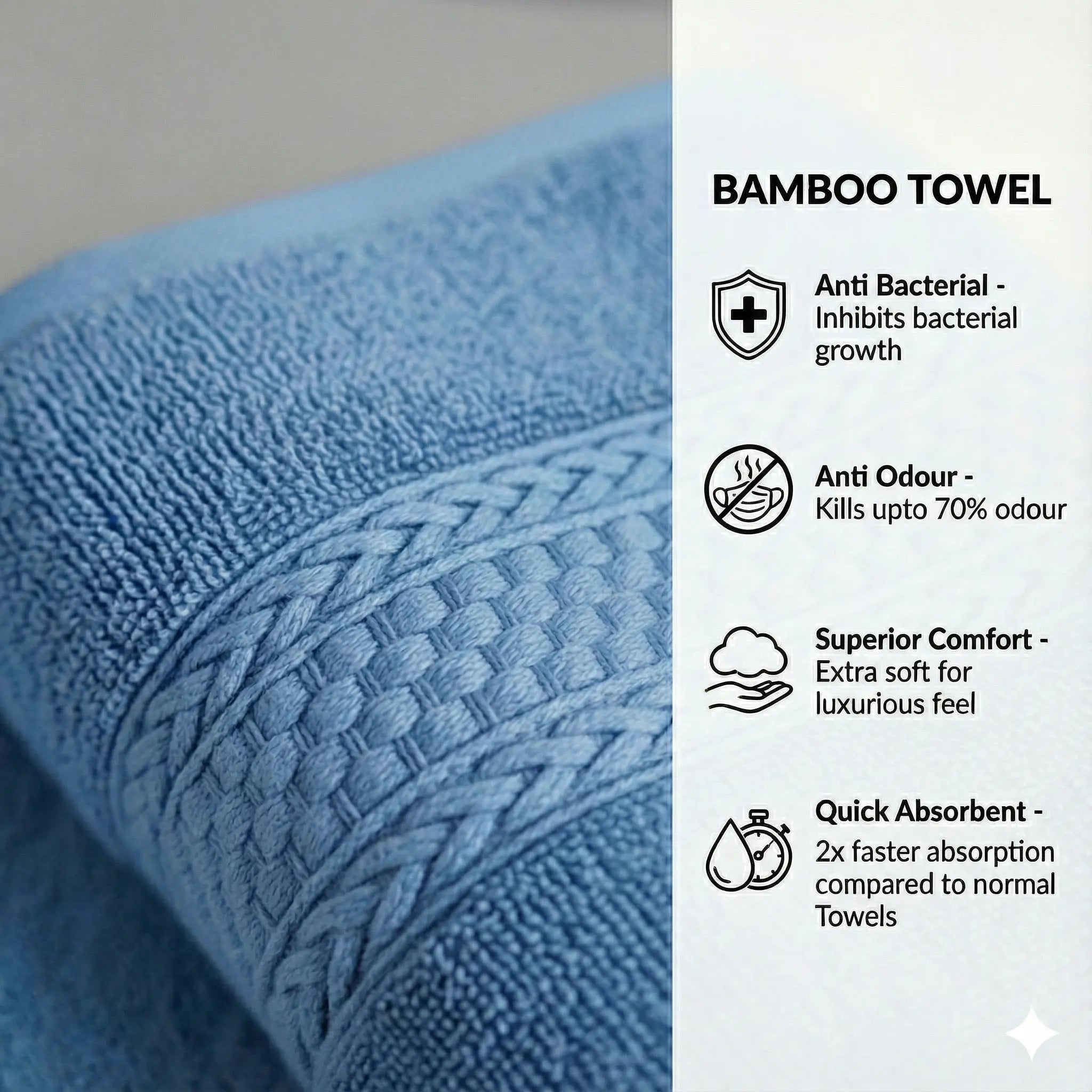 Bamboo Bath Towels with anti-bacterial and quick absorbent features, offering luxurious comfort and softness.
