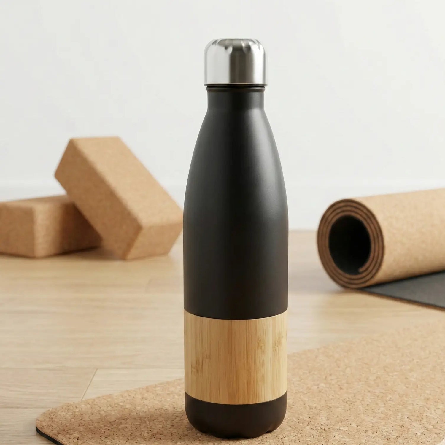 Black and bamboo water bottle on a wooden surface with yoga props in the background