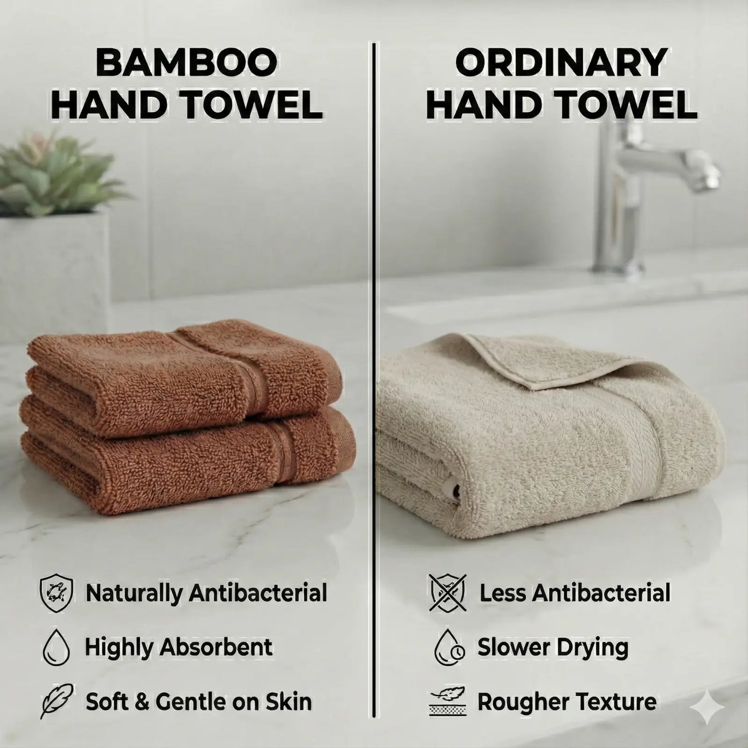 Comparison of bamboo hand towel and ordinary hand towel on a bathroom counter.