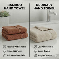 Comparison of bamboo hand towel and ordinary hand towel on a bathroom counter.