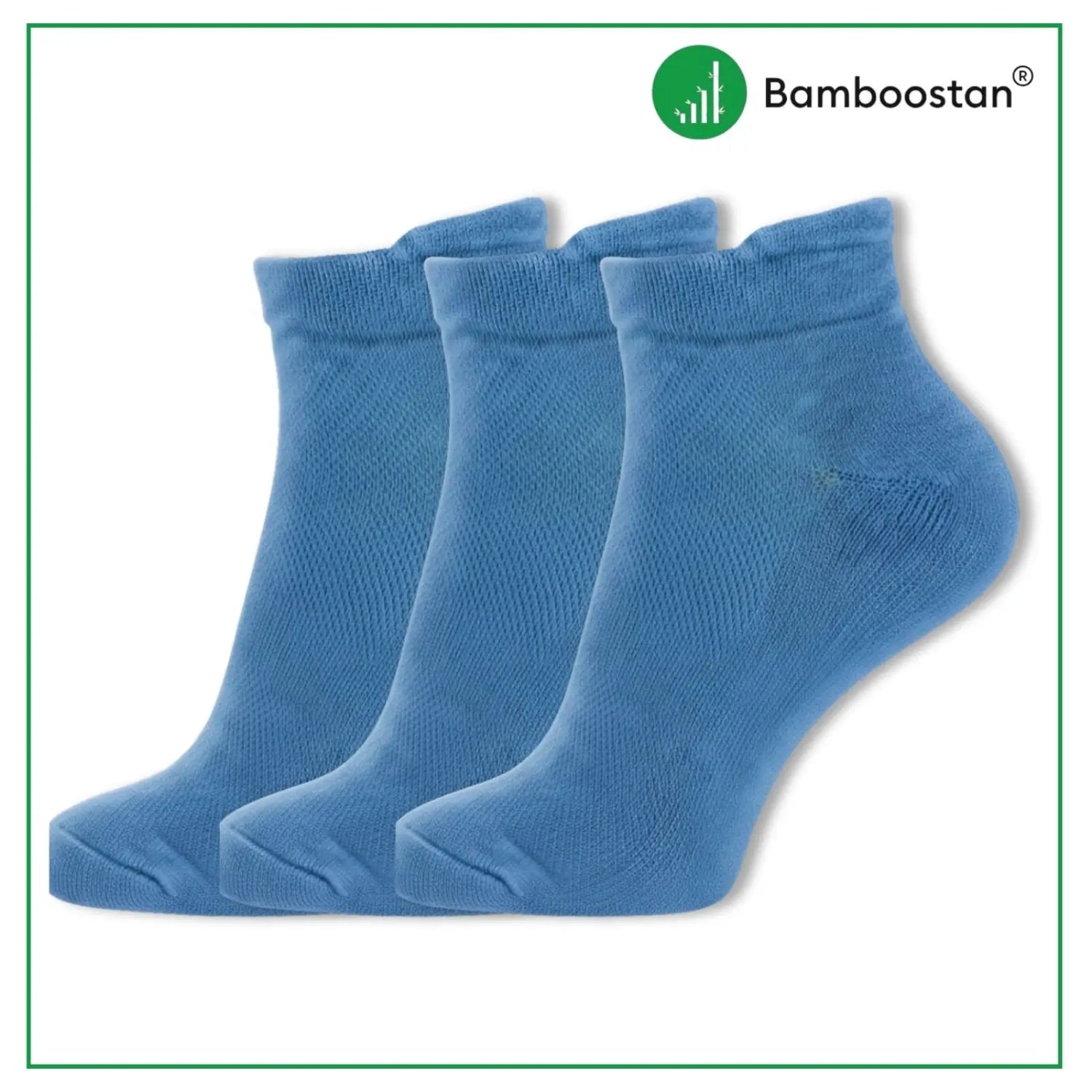 Three blue ankle socks with Bamboostan logo on a white background