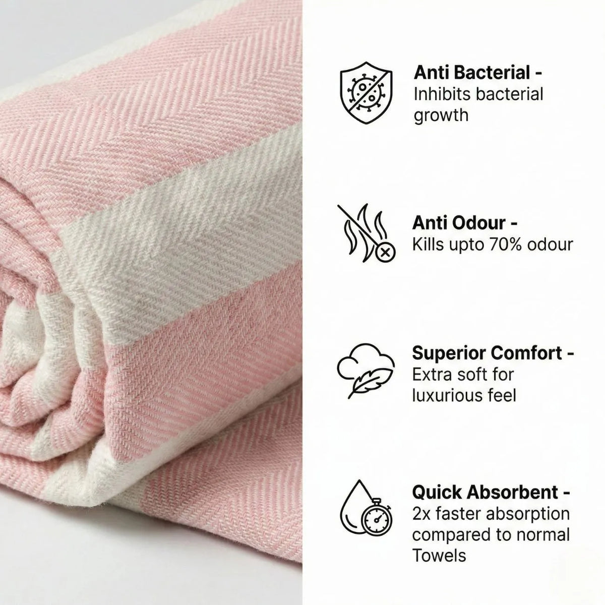 Bamboo Bath Towel showcasing features: anti-bacterial, anti-odour, superior comfort, and quick absorbent qualities.