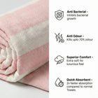 Bamboo Bath Towel showcasing features: anti-bacterial, anti-odour, superior comfort, and quick absorbent qualities.